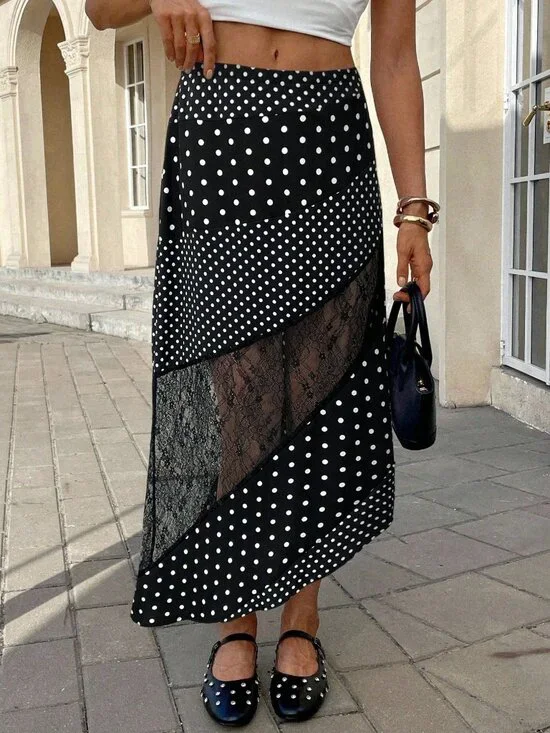 Black Casual Women's Elegant Polka Dot Print Contrast Lace Skirt - Picture 4 of 5